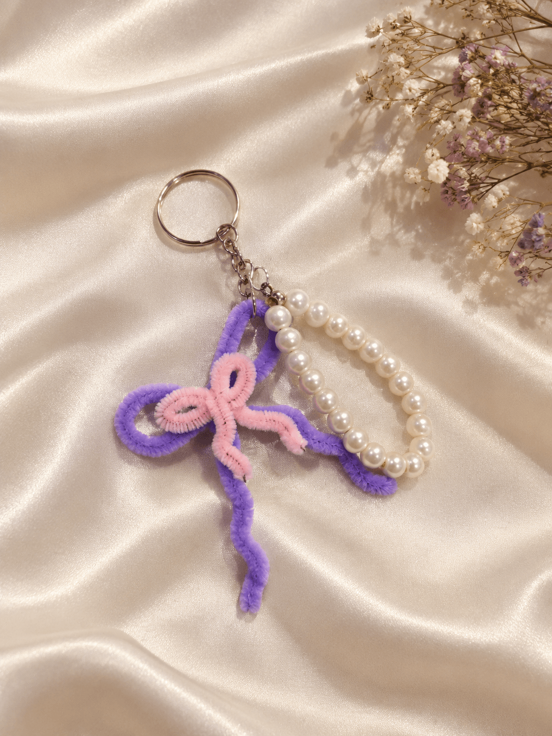 Handmade Perlie Keychain | Lavender & Pink Bow Bag Charm | Pearl Beaded Aesthetic Key Ring