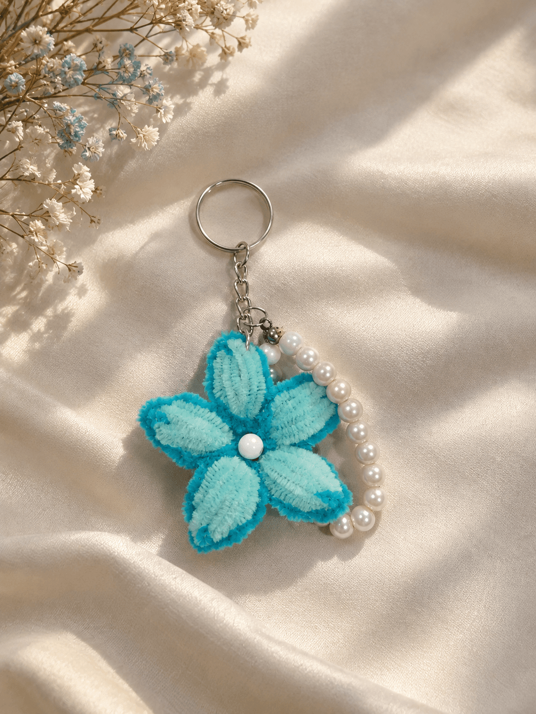 Handmade Bliss Keychain | Blue Floral Pearl Bag Charm | Aesthetic Key Ring